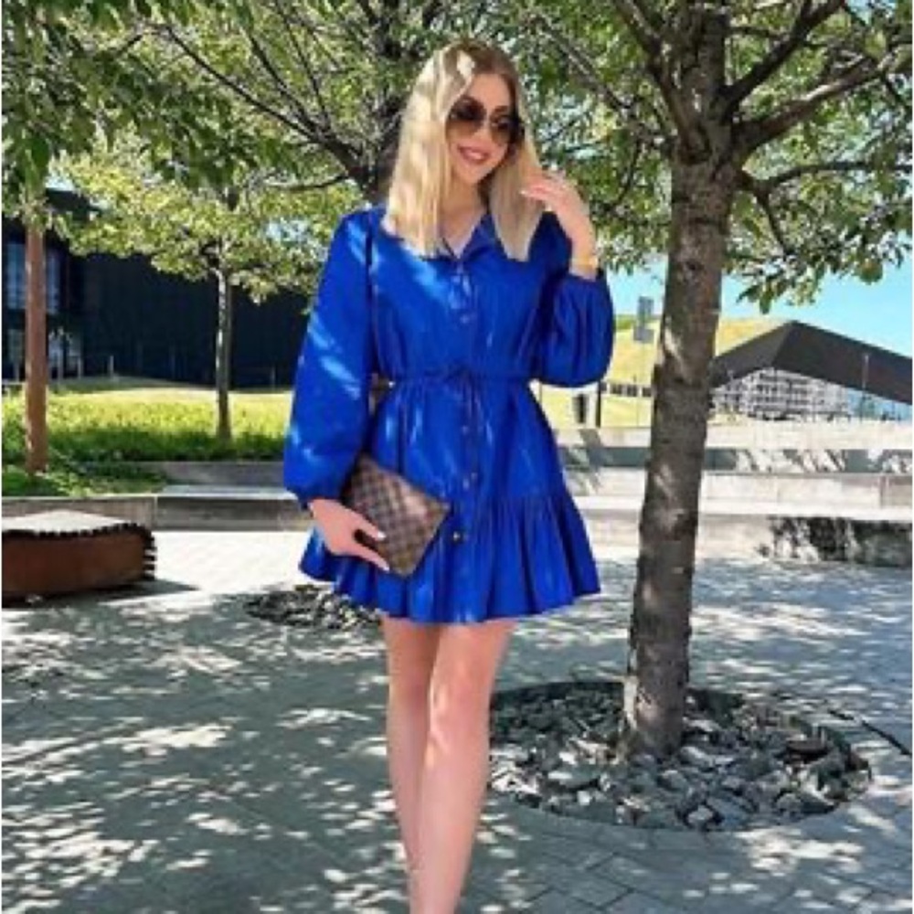 NWT ZARA BLUE RUFFLED BELTED DRESS - Picture 3 of 9